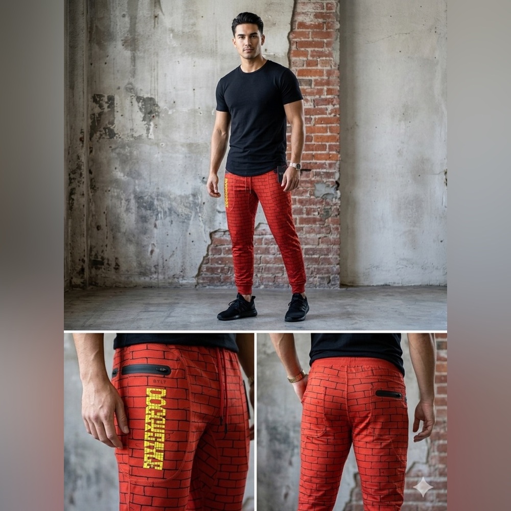 Red Brick-Print Jogger Sweatpants with Yellow Side Graphic